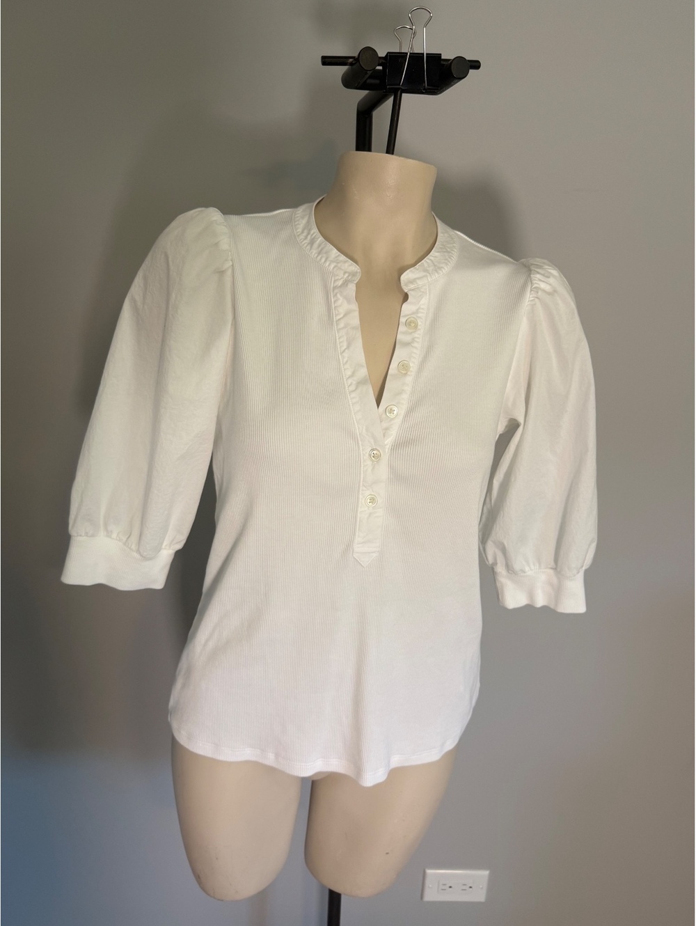 Veronica Beard White Pima Cotton Blend Puff Sleeve Top M